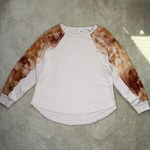 Cato Women's XL Waffle Knit Long Sleeve Top Blush Pink Tie Dye Raglan